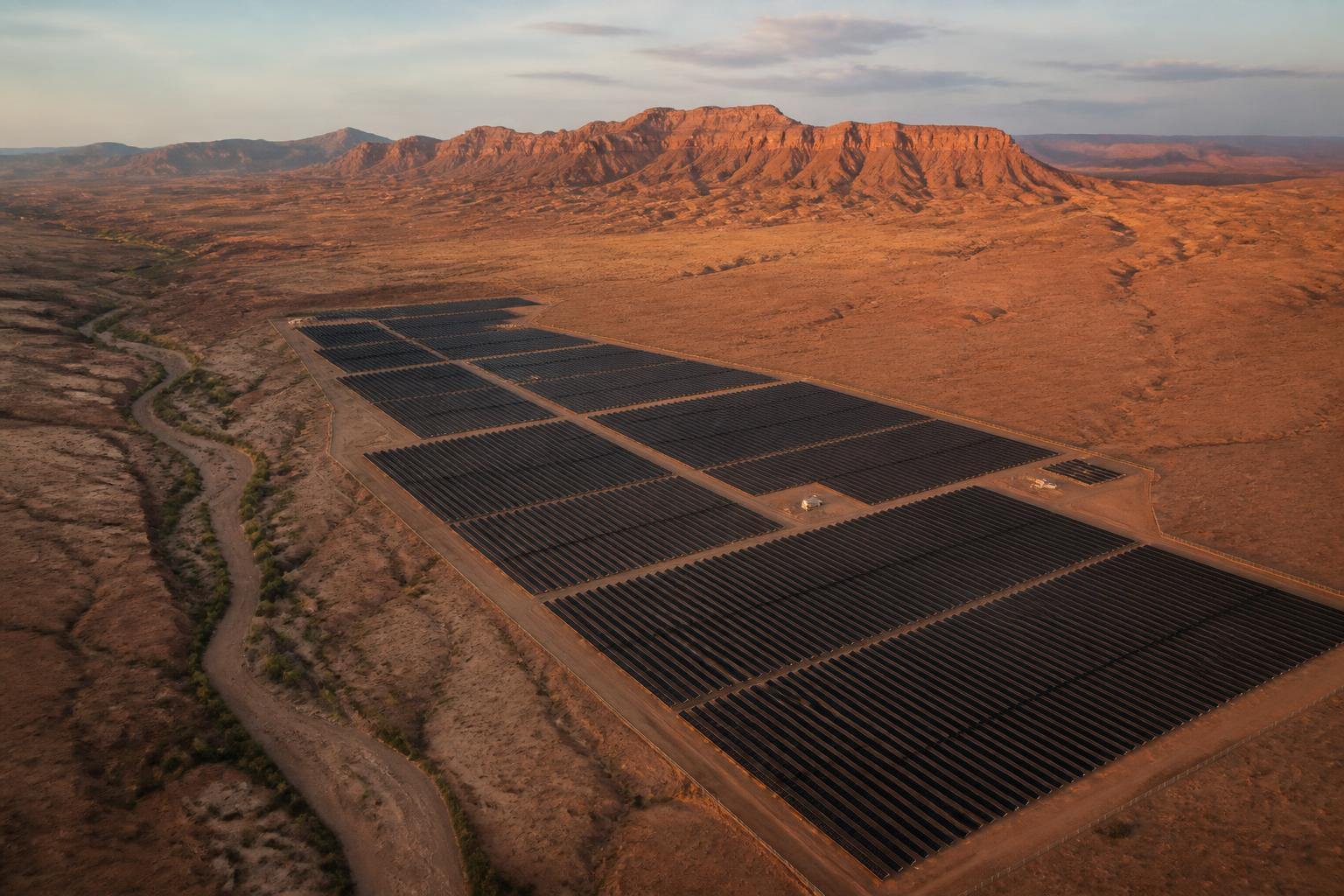 Aerial view of the Moapa Southern Paiute Solar Project in front of red mesas in evening light