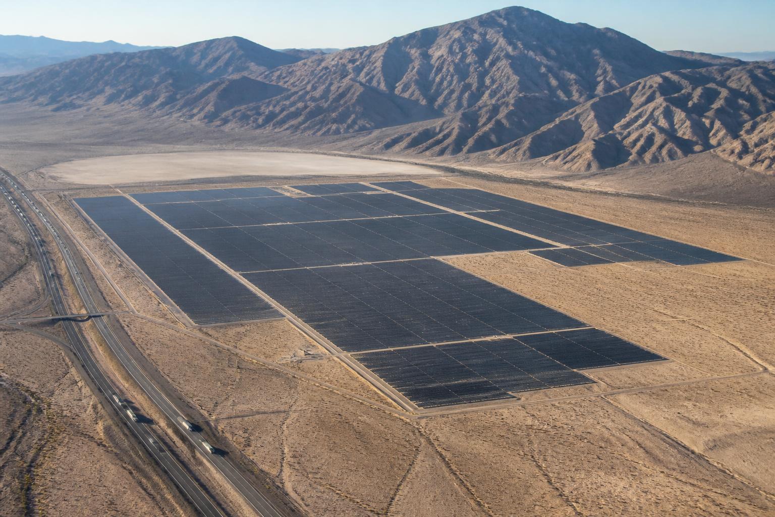 Aerial view of the Silver State South Solar Project in Ivanpah Valley next to Interstate 15